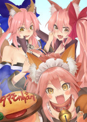 Rule 34 | 3girls, absurdres, alternate costume, animal ears, animal hands, apron, bell, blue ribbon, blush, blush stickers, bow, breasts, cat paws, choker, cleavage, collar, collarbone, commentary request, detached sleeves, dual persona, enmaided, fangs, fate/grand order, fate (series), finger to mouth, food, fox ears, fox tail, glasses, gloves, hair bow, hair ribbon, highres, japanese clothes, jingle bell, koyanskaya (assassin) (first ascension) (fate), koyanskaya (fate), large breasts, long hair, looking at viewer, maid, maid apron, maid headdress, multiple girls, neck bell, omelet, omurice, paw gloves, pink hair, red ribbon, ribbon, shirofugu, sidelocks, skin tight, tail, tamamo (fate), tamamo cat (fate), tamamo cat (second ascension) (fate), tamamo no mae (fate/extra), tears, type-moon, very long hair, waist apron, yellow eyes