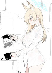 Rule 34 | 1girl, animal ear fluff, animal ears, blonde hair, blue archive, blue eyes, blush, bow, breasts, coffee mug, coffee pot, cowboy shot, cup, extra ears, fpanda, hair over one eye, halo, hickey, highres, holding, holding cup, indoors, kanna (blue archive), large breasts, long hair, long sleeves, mug, naked shirt, no pants, open clothes, parted lips, shirt, signature, simple background, smile, solo, standing, white background, white shirt