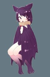 Rule 34 | 1girl, animal ears, bat ears, bat wings, blue background, blush, claws, fang, flat chest, food, fruit, full body, fur collar, fur trim, harpy, highres, invisible chair, kai himo, leotard, looking at viewer, monster girl, original, parted lips, purple hair, purple leotard, red eyes, simple background, sitting, solo, strawberry, winged arms, wings
