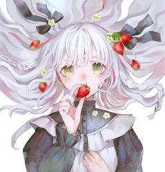 Rule 34 | 1girl, 8zk, black dress, black ribbon, blush, braid, buttons, dress, flower, food, food on face, food on hair, frilled sleeves, frills, fruit, hair between eyes, hair flower, hair ornament, hand on own chest, hand up, highres, holding, holding food, holding fruit, leaf, long hair, looking at viewer, lying, multicolored clothes, multicolored dress, multicolored hair, on back, original, red hair, ribbon, simple background, solo, strawberry, streaked hair, twin braids, white background, white dress, white hair, yellow eyes