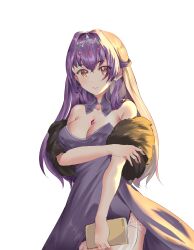 Rule 34 | 1girl, absurdres, bare shoulders, closed mouth, commentary, cowboy shot, detached sleeves, dress, faceless7078, fate/grand order, fate (series), fishnets, fur sleeves, highres, holding, jewelry, long hair, necklace, pink eyes, purple dress, purple hair, scathach (fate), scathach skadi (fate), short sleeves, simple background, solo, strapless, strapless dress, tiara, white background