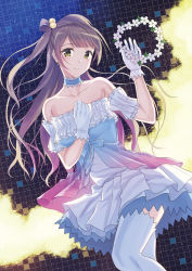 Rule 34 | 10s, 1girl, bare shoulders, brown hair, choker, dress, earrings, gloves, hair ornament, hand on own chest, head wreath, head wreath removed, hex grid, jewelry, kitiroku, long hair, looking at viewer, love live!, love live! school idol project, minami kotori, sky, solo, star (sky), starry sky, strapless, strapless dress, thighhighs, unworn hair ornament, white gloves, white thighhighs, yellow eyes, yume no tobira
