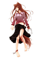 Rule 34 | 1girl, absurdres, animal ears, ankleband, anklet, ayakura juu, barefoot, brown hair, collarbone, fingernails, full body, grin, groin, highres, holo, jewelry, long hair, lying, naughty face, no panties, off shoulder, pouch, red eyes, scan, simple background, skirt, smile, solo, spice and wolf, tail, untied, wolf ears, wolf tail