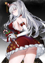 1girl, absurdres, ass, back, bare shoulders, bell, bracelet, candy, candy cane, choker, christmas, closed mouth, elbow gloves, food, frilled gloves, frills, gloves, gradient, gradient background, hat, highres, holding, holding candy, holding candy cane, holding food, horz, jewelry, jingle bell, long hair, looking back, original, purple eyes, red choker, red ribbon, ribbon, sketch, solo, star (symbol), striped, striped headwear, white gloves, white hair