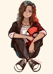 Rule 34 | 1girl, animification, beige background, black footwear, black jacket, black pants, brown eyes, brown hair, crossed legs, head tilt, highres, holding, holding stuffed toy, hugging doll, hugging object, jacket, long hair, marvel, marvel cinematic universe, michelle &quot;mj&quot; jones, michelle jones, pants, shirt, shoes, smile, sneakers, solo, spider-man, spider-man (series), stuffed toy, sushi pizza rrr, watch, white shirt, wristwatch, yellow background