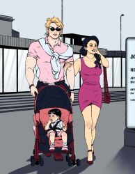 Rule 34 | 1girl, 2boys, aged down, arm grab, baby, black hair, blonde hair, dio brando, dress, earrings, facing viewer, family, father and son, giorno&#039;s mother, giorno giovanna, haruno shiobana, high heels, highres, jewelry, jojo no kimyou na bouken, long hair, looking to the side, makeup, mother and son, multiple boys, muscular, muscular male, necklace, no socks, outdoors, pink dress, pink shirt, polo shirt, shirt, short dress, sleeveless, sleeveless dress, smile, stroller, sunglasses, sweater around neck, turko the fair, walking