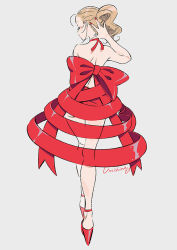 Rule 34 | 1girl, ass, closed mouth, dress, closed eyes, fingernails, from behind, full body, gluteal fold, grey background, hand up, high heels, nail polish, original, ponytail, red dress, red footwear, red nails, red ribbon, ribbon, signature, simple background, solo, umishima senbon