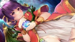 Rule 34 | 1girl, absurdres, dragon girl, dragon wings, dragonstone, dress, eyelashes, female focus, fire emblem, fire emblem: the sacred stones, fire emblem heroes, highres, looking down, matching hair/eyes, multi-tied hair, myrrh (fire emblem), nintendo, nyc, partially visible vulva, purple eyes, purple hair, red dress, short twintails, solo, tagme, twintails, wings