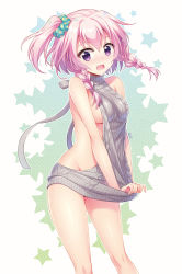 Rule 34 | 1girl, an2a, artist name, backless dress, backless outfit, bare legs, bare shoulders, blush, braid, breasts, dress, grey sweater, hair ornament, hair scrunchie, highres, looking at viewer, medium breasts, meme attire, naked sweater, original, pink hair, polka dot, purple eyes, scrunchie, short hair with long locks, side ponytail, signature, solo, standing, star (symbol), sweater, sweater dress, turtleneck, turtleneck sweater, twin braids, virgin killer sweater, white background