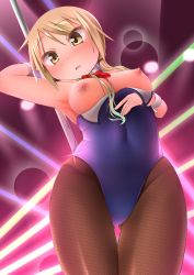 Rule 34 | 1girl, absurdres, baaad sima, black leotard, black pantyhose, blonde hair, blush, breasts, breasts out, covered navel, highres, ichii yui, large breasts, leotard, nipples, open mouth, pantyhose, pole dancing, short hair, solo, yellow eyes, yuyushiki