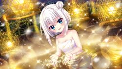 Rule 34 | 1girl, bamboo, blue eyes, breasts, cage, cleavage, collarbone, dot nose, dutch angle, film grain, game cg, hair bun, head tilt, izumi tsubasu, lens flare, looking at viewer, naked towel, night, nishidate haku, non-web source, official art, onsen, open mouth, partially submerged, print towel, re:stage!, short hair, sidelocks, single side bun, sitting, small breasts, smile, solo, sparkle, splashing, star (symbol), star print, steam, towel, white hair, white towel