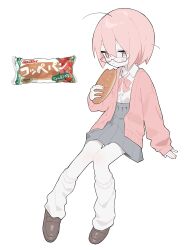 Rule 34 | 1girl, :/, absurdres, blush, bow, bowtie, bread, brown footwear, cardigan, collared shirt, commentary request, dress shirt, food, food bite, full body, glasses, grey skirt, highres, holding, holding food, koppepan (food), leg warmers, loafers, long sleeves, looking at viewer, myomuron, open cardigan, open clothes, original, pink bow, pink bowtie, pink cardigan, pink hair, pleated skirt, popped collar, shirt, shirt tucked in, shoes, short hair, sitting, skirt, solo, white background, white leg warmers, white shirt, yellow eyes