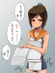 Rule 34 | 10s, 1girl, bare shoulders, blush, brown hair, i-401 (kancolle), kantai collection, one-piece swimsuit, open mouth, ponytail, sailor collar, school swimsuit, school uniform, shiden (sashimi no wife), short hair, short ponytail, smile, solo, swimsuit, swimsuit under clothes, tan, translation request