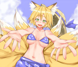 Rule 34 | 1girl, :d, alternate costume, alternate eye color, animal ears, bad id, bad pixiv id, bikini, bikini skirt, blonde hair, blue bikini, breasts, cloud, collarbone, day, eyebrows, fox ears, fox tail, green eyes, hair between eyes, hat, unworn hat, unworn headwear, incoming hug, large breasts, looking at viewer, masuo, midriff, multiple tails, navel, open mouth, outstretched arms, pov, reaching, short hair, sky, smile, solo, swimsuit, tail, touhou, underboob, yakumo ran