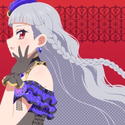 Rule 34 | 1girl, blunt bangs, braid, commentary request, detached collar, dolldolldd, earrings, from side, gloves, grey gloves, grey hair, hand up, highres, idol time pripara, jewelry, koda michiru, korean commentary, long hair, looking at viewer, miichiru (pripara), open mouth, pretty series, pripara, profile, red background, red eyes, smile, solo, upper body, very long hair, wavy hair