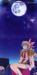 Rule 34 | 00s, absurdres, copyright name, cross-shaped pupils, diffraction spikes, full moon, highres, moon, nia teppelin, scan, sitting, sky, solo, star (sky), starry sky, symbol-shaped pupils, tagme, tengen toppa gurren lagann