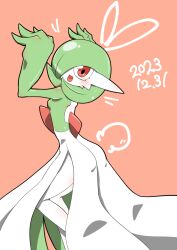 Rule 34 | 1girl, arms up, back, blush, bob cut, breasts, colored skin, creatures (company), dated, drawn ears, drawn tail, drawn whiskers, female focus, from behind, game freak, gardevoir, gen 3 pokemon, green hair, green skin, hair over one eye, happy, kazamidoririnn, looking at viewer, looking back, multicolored skin, nintendo, one eye covered, open mouth, pokemon, pokemon (creature), rabbit ears, rabbit pose, rabbit tail, red background, red eyes, short hair, simple background, small breasts, smile, solo, standing, two-tone skin, white skin