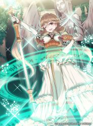 Rule 34 | 1girl, 40hara, blonde hair, bracelet, braid, brown eyes, company name, copyright name, dress, elbow gloves, faye (fire emblem), fire emblem, fire emblem cipher, fire emblem echoes: shadows of valentia, gloves, highres, holding, holding staff, jewelry, long hair, low-braided long hair, low-tied long hair, magic circle, nintendo, official art, one eye closed, open mouth, solo, staff, statue, twin braids, white gloves