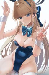 Rule 34 | 1girl, absurdres, animal ears, blonde hair, blue archive, blue eyes, blue leotard, bow, bowtie, breasts, cameltoe, detached collar, fake animal ears, halo, highres, kazane-wind, large breasts, leotard, long hair, looking at viewer, official alternate costume, playboy bunny, rabbit ears, solo, strapless, strapless leotard, thighhighs, toki (blue archive), toki (bunny) (blue archive), v, very long hair, white thighhighs, white wrist cuffs, wrist cuffs