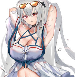 Rule 34 | 1girl, absurdres, arknights, armpits, arms up, bare shoulders, black choker, breasts, choker, cleavage, commentary, eyewear on head, hair between eyes, hair ornament, highres, large breasts, long hair, looking at viewer, niuwajun, no headwear, official alternate costume, orca hair ornament, parted lips, red eyes, shirt, silver hair, simple background, skadi (arknights), skadi (waverider) (arknights), solo, stomach, sunglasses, upper body, very long hair, white background, white shirt