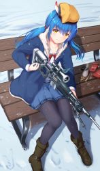 Rule 34 | 1girl, akabane hibame, bench, black pantyhose, blue hair, blush, boots, bullet, coat, coffee cup, collarbone, cup, disposable cup, feathers, food, gun, hair between eyes, hairband, hat, highres, looking at viewer, original, pantyhose, pocky, red ribbon, ribbon, rifle, school uniform, serafuku, skirt, smile, snow, solo, thighhighs, twintails, weapon, weapon request, yellow eyes