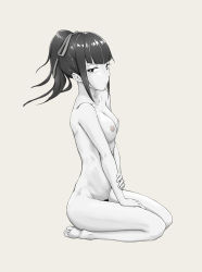 Rule 34 | 1girl, absurdres, black hair, breasts, female pubic hair, highres, kneeling, looking at viewer, medium breasts, monochrome, narberal gamma, nipples, nude, overlord (maruyama), ponytail, pubic hair, sidelocks, simple background, soles, solo, white background