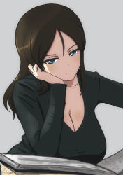 Rule 34 | 1girl, artist name, black hair, black shirt, blue eyes, book, breasts, bukkuri, casual, cleavage, closed mouth, commentary, dated, girls und panzer, grey background, half-closed eyes, head rest, head tilt, highres, large breasts, long hair, long sleeves, looking at viewer, nonna (girls und panzer), seductive gaze, seductive smile, shirt, signature, simple background, smile, solo, swept bangs
