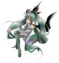 Rule 34 | 1girl, bad id, bad pixiv id, detached sleeves, dress, female focus, full body, green eyes, green hair, hatsune miku, long hair, matching hair/eyes, necktie, ryuuga sazanami, simple background, solo, thighhighs, twintails, very long hair, vocaloid, white background