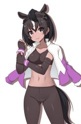 Rule 34 | 10s, 1girl, animal ears, bad id, bad twitter id, black gloves, black hair, breasts, brown thoroughbred (kemono friends), closed mouth, cowboy shot, crossover, dark-skinned female, dark skin, elbow gloves, extra ears, fingerless gloves, gloves, hand up, headband, highres, horse ears, horse girl, horse tail, jacket, jacket on shoulders, kemono friends, looking at viewer, medium breasts, multicolored hair, navel, original, pantyhose, purple eyes, short hair, simple background, smile, solo, sports bra, streaked hair, tail, totokichi, white background