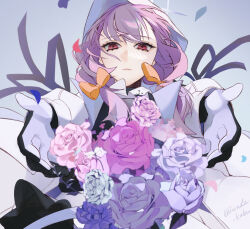 Rule 34 | 1girl, atsuko (blue archive), black gloves, blue archive, bow, closed mouth, expressionless, flak jacket, flower, gloves, grey background, hair bow, halo, highres, hood, hood up, hooded jacket, jacket, looking at viewer, low twintails, orange bow, pink flower, pink rose, purple eyes, purple flower, purple rose, reaching, reaching towards viewer, red eyes, rose, short twintails, simple background, skirt, solo, twintails, two-tone gloves, upper body, white flower, white gloves, white hood, white jacket, white rose, white skirt, wind, wind lift, zunda kaku