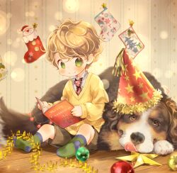 Rule 34 | 1boy, animal, aran sweater, blush, book, brown hair, brown shorts, cable knit, christmas, christmas stocking, christmas tree, closed mouth, collared shirt, commentary request, dog, full body, green eyes, green socks, hat, holding, holding book, indoors, kuga tsukasa, looking at viewer, male focus, merry christmas, necktie, no shoes, on floor, open book, original, party hat, polka dot necktie, print headwear, red necktie, shirt, shorts, sitting, smile, socks, solo, star (symbol), star print, striped clothes, striped shirt, sweater, vertical-striped clothes, vertical-striped shirt, white shirt, wooden floor, yellow sweater