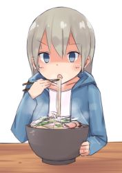 Rule 34 | 1girl, blonde hair, blue eyes, blush, bowl, chopsticks, collarbone, eating, eila ilmatar juutilainen, food, highres, hood, hoodie, hot, jacket, long hair, noodles, open mouth, ramen, seedflare, shirt, simple background, solo, strike witches, sweat, table, white background, white shirt, world witches series