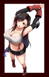 Rule 34 | 1girl, absurdres, armpits, arms up, black hair, blush, boots, breasts, cleavage, collarbone, commentary, earrings, elbow pads, final fantasy, final fantasy vii, fingerless gloves, full body, gloves, highres, jewelry, large breasts, long hair, looking at viewer, low-tied long hair, midriff, miniskirt, navel, nipples, no bra, open mouth, parted bangs, red eyes, resolution mismatch, see-through, shiny skin, simple background, skirt, sleeveless, smile, socks, solo, source smaller, standing, stomach, suspenders, sweat, sweatdrop, tank top, tifa lockhart, very long hair, white background, yuki mizore