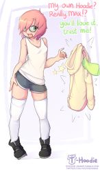 Rule 34 | 1girl, artist name, blush, collarbone, commission, drawstring, english text, full body, glasses, green eyes, hand on own hip, highres, hood, hoodie, unworn hoodie, looking at viewer, male focus, open mouth, original, pink hair, short hair, shorts, smile, solo, star (symbol), t-hoodie, thighhighs, thighs, tumblr username, twitter username, watermark, web address, white thighhighs