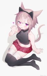 Rule 34 | 1girl, :d, ?, @ @, animal ears, bare arms, bare shoulders, black hairband, black shirt, black thighhighs, blush, breasts, cat ears, cat tail, claw pose, collarbone, crop top, fake animal ears, final fantasy, final fantasy xiv, from above, full body, funa (sakana), grey background, hair between eyes, hairband, hand up, highres, light brown hair, looking at viewer, looking up, midriff, miniskirt, miqo&#039;te, navel, no shoes, open mouth, pink eyes, pleated skirt, red skirt, shadow, shirt, short hair, simple background, sitting, skirt, sleeveless, sleeveless shirt, small breasts, smile, solo, sweatdrop, tail, thighhighs, v-shaped eyebrows, warrior of light (ff14)