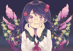 Rule 34 | 1girl, black background, black hair, blush, crying, crying with eyes open, fingernails, flower, flower request, glasses, hair flower, hair ornament, hands on own cheeks, hands on own face, kouhara yuyu, long hair, long sleeves, looking at viewer, neckerchief, original, parted lips, red eyes, red neckerchief, round eyewear, school uniform, serafuku, shirt, solo, tears, upper body, white shirt