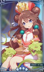 Rule 34 | 1girl, amane (dragalia lost), blue eyes, bowl, bracelet, brown hair, double bun, dragalia lost, dragon, dress, hair bun, highres, holding, holding bowl, holding spoon, jewelry, long hair, looking at another, official art, open mouth, sitting, sleeveless, sleeveless dress, spoon, white dress
