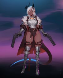 Rule 34 | 1girl, absurdres, aiko (less), armor, belt, black sclera, breastplate, colored sclera, commentary, commission, dark skin, dark-skinned female, dual wielding, english commentary, full body, fur, gauntlets, gluteal fold, greaves, gun, highres, holding, horns, less, long hair, looking at viewer, original, parted lips, pointy ears, ribbon, solo, standing, tail, tail ornament, tail ribbon, thighs, weapon, white hair
