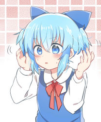 Rule 34 | 1girl, :o, blue bow, blue eyes, blue hair, blue vest, blush, bow, child, cirno, collared shirt, hair between eyes, hair bow, hands up, highres, long sleeves, neck ribbon, ochazuke, parted lips, red ribbon, ribbon, shirt, short hair, solo, sweatdrop, touhou, two side up, upper body, vest, white shirt