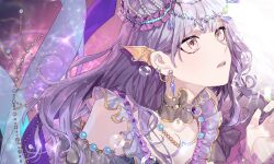 Rule 34 | 1girl, bang dream!, commentary request, detached collar, dress, ear wings, earrings, fresa pie, hand up, head chain, jewelry, light particles, long hair, looking up, minato yukina, necklace, parted lips, purple dress, purple eyes, purple hair, solo