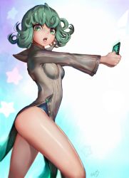 Rule 34 | 1girl, black dress, cellphone, curly hair, dress, green eyes, green hair, highres, legs, long sleeves, looking at viewer, matching hair/eyes, one-punch man, open mouth, phone, randy (awesomevillage), short hair, smartphone, solo, tatsumaki, teeth, tongue, upper teeth only