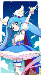 Rule 34 | 1girl, blue eyes, blue hair, blue skirt, brooch, cape, commentary request, cure sky, dantyo0, detached sleeves, earrings, highres, hirogaru sky! precure, jewelry, long hair, magical girl, precure, puffy detached sleeves, puffy sleeves, single earring, single sidelock, skirt, smile, solo, sora harewataru, twintails, two-sided cape, two-sided fabric, very long hair, wing brooch, wing hair ornament