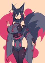 Rule 34 | 1girl, absurdres, animal ear fluff, animal ears, bare shoulders, black gloves, black hair, black thighhighs, blue eyes, blush, breasts, elbow gloves, fox ears, fox tail, gloves, grey kimono, hair ornament, hairclip, hairpin, hand up, heart, highres, japanese clothes, kimono, kiri (sub-res), large breasts, large tail, legs together, long hair, long sleeves, looking at viewer, no panties, obi, off shoulder, one eye closed, original, pelvic curtain, red ribbon, ribbon, sash, skindentation, smile, solo, standing, sub-res, tail, tassel, thighhighs, v, wide sleeves