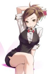 Rule 34 | 1girl, arm up, between fingers, bow, bowtie, braid, brown eyes, brown hair, card, card in mouth, collared shirt, earrings, french braid, holding, holding card, hyodo rena, idolmaster, idolmaster cinderella girls, jewelry, kawaty, looking at viewer, mouth hold, pencil skirt, ponytail, red bow, red bowtie, shirt, short sleeves, simple background, single earring, sitting, skirt, smile, solo, swept bangs, thighs, white background