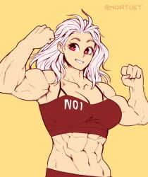 Rule 34 | 1girl, abs, armpits, biceps, breasts, dorohedoro, earrings, jewelry, large breasts, long hair, looking at viewer, muscular, muscular female, noi (dorohedoro), nortuet, red eyes, shirt, simple background, smile, solo, white hair