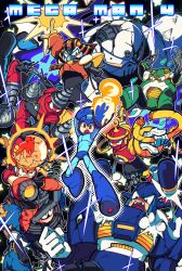 Rule 34 | 6+boys, arm cannon, blue eyes, borezet, bright man, commentary request, covered mouth, dive man, drill, drill man, dust man, english text, glaring, green eyes, helmet, injury, male focus, mega man (character), mega man (classic), mega man (series), mega man 4, missile, multiple boys, no humans, no mouth, pharaoh man, red eyes, ring man, robot, skull man, toad man, weapon