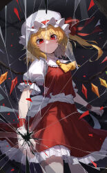 Rule 34 | 1girl, absurdres, arm behind back, ascot, blonde hair, broken screen, chain, cowboy shot, crystal, flandre scarlet, fourth wall, frilled skirt, frills, from below, frown, hair between eyes, hat, hat ribbon, highres, kokukyukeo, long hair, looking at viewer, looking down, medium skirt, red eyes, red ribbon, red skirt, red vest, ribbon, shattered, shirt, side ponytail, skirt, slit pupils, solo, touhou, vest, white hat, white shirt, wings, yellow ascot
