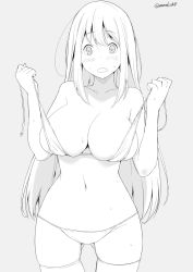 Rule 34 | 1girl, bikini, bikini top only, breasts, cowboy shot, gluteal fold, grey background, greyscale, holding, holding bikini, holding bikini top, holding clothes, holding swimsuit, kichihachi, large breasts, long hair, looking at viewer, monochrome, navel, open mouth, original, simple background, solo, standing, stomach, straight hair, sweat, swimsuit, thighhighs, twitter username, untied bikini