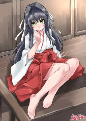 Rule 34 | 1girl, absurdres, arm support, barefoot, black hair, blurry, blurry foreground, blush, breasts, closed mouth, commentary, commission, crossed bangs, depth of field, eyelashes, feet, fukuinu, full body, green eyes, hair between eyes, hair intakes, hair ribbon, hakama, hand up, highres, japanese clothes, kimono, large breasts, legs, long hair, looking at viewer, miko, on ground, original, red hakama, ribbon, shadow, sidelocks, signature, sitting, skeb commission, solo, stairs, thighs, toenails, toes, white kimono, white ribbon, wide sleeves, wooden floor