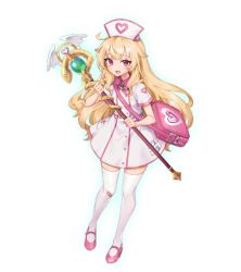 Rule 34 | 1girl, backpack, bag, bandaid, bandaid on knee, bandaid on leg, blonde hair, breasts, dress, full body, game cg, hat, holding, holding weapon, little witch nobeta, long hair, looking at viewer, nobeta, non-web source, nurse, nurse cap, official art, open mouth, pink footwear, red eyes, shoes, short dress, short sleeves, shoulder bag, simple background, small breasts, solo, staff, standing, thighhighs, transparent background, very long hair, weapon, white dress, white hat, white thighhighs, zettai ryouiki